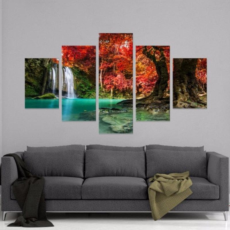 Forest Waterfall 5 Panel Canvas Print Wall Art - GotItHere.com