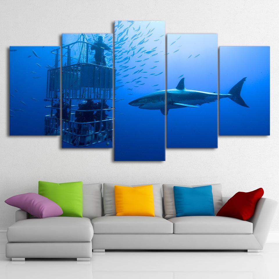 Great White Shark Cage Divers 5 Panel Canvas Print Wall Art - GotItHere.com