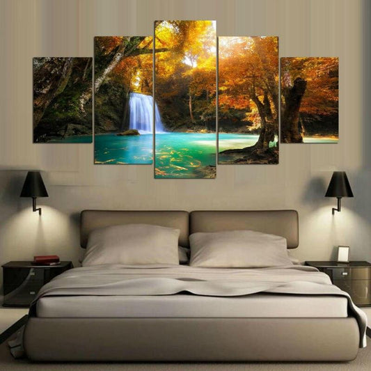 Forest Waterfall 5 Panel Canvas Print Wall Art - GotItHere.com