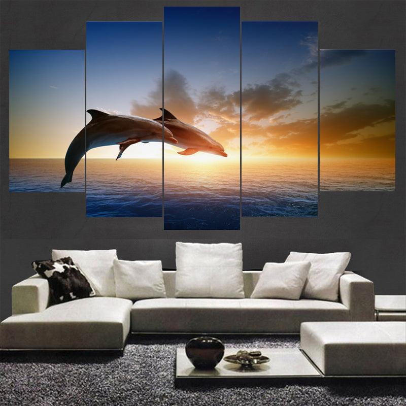 Dolphins Jumping At Sunset 5 Panel Canvas Print Wall Art - GotItHere.com