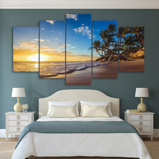 Sunset On A Tropical Beach 5 Panel Canvas Print Wall Art - GotItHere.com