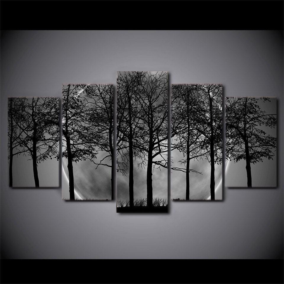 Black And White Timelapse Night Tree 5 Panel Canvas Print Wall Art - GotItHere.com