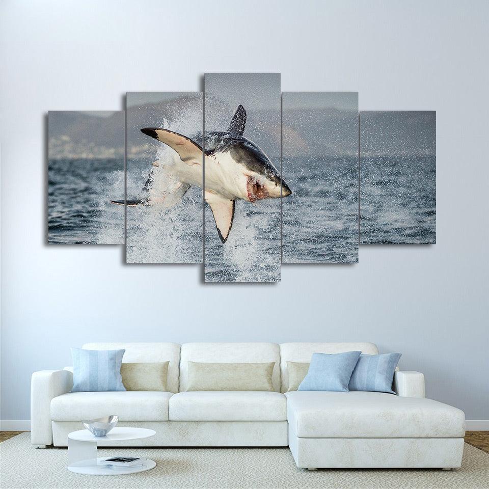Great White Shark Jumping Breach Air Jaws 5 Panel Canvas Print Wall Art - GotItHere.com