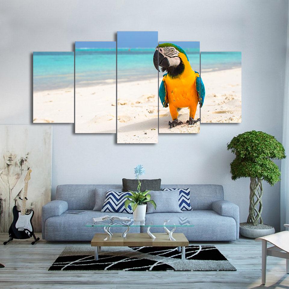 Blue And Yellow Macaw On The Beach 5 Panel Canvas Print Wall Art - GotItHere.com
