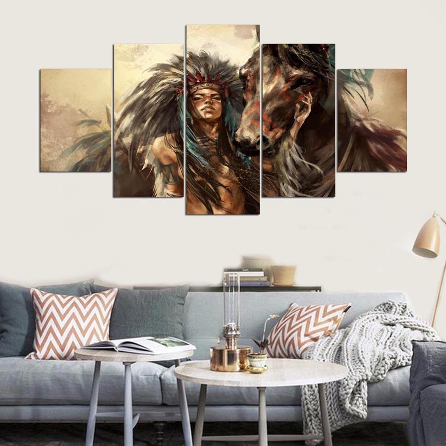 Native American With Horse 5 Panel Canvas Print Wall Art - GotItHere.com