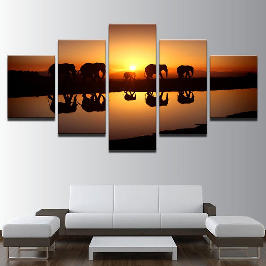 Elephant Caravan At Sunset 5 Panel Canvas Print Wall Art - GotItHere.com