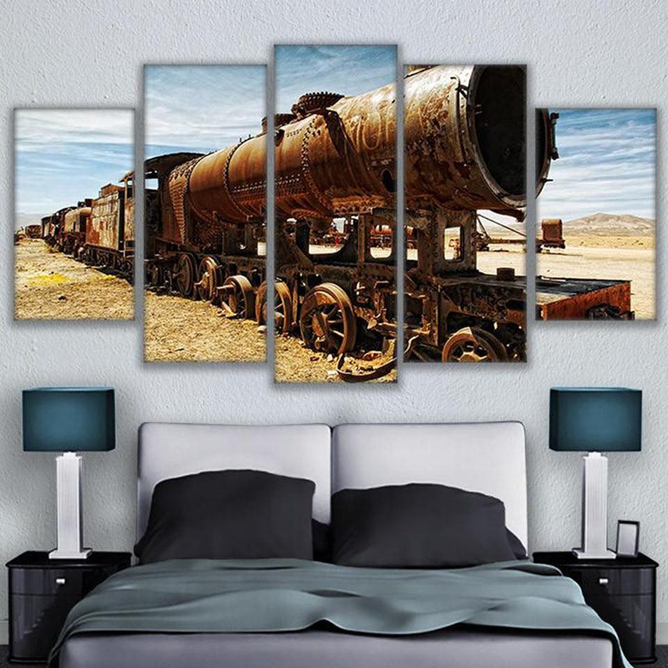 Antique Steam Train Locomotive In The Desert 5 Panel Canvas Print Wall Art - GotItHere.com