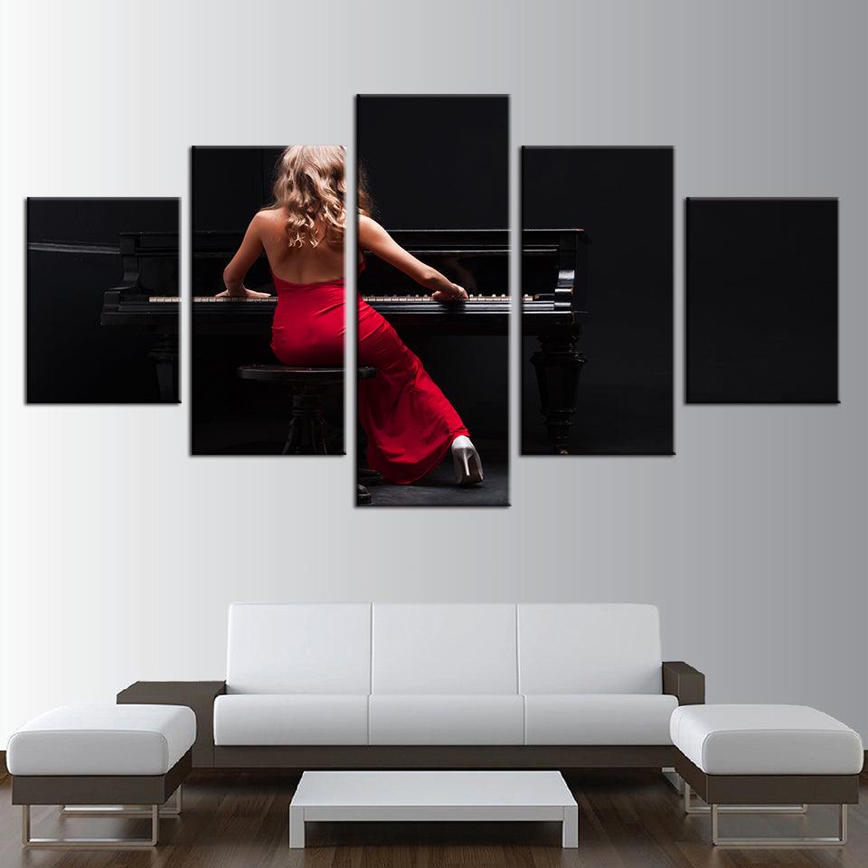 Lady, The In Red Piano Player 5 Panel Canvas Print Wall Art - GotItHere.com