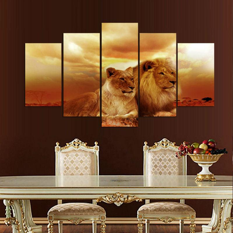 Lion And Lioness 5 Panel Canvas Print Wall Art - GotItHere.com