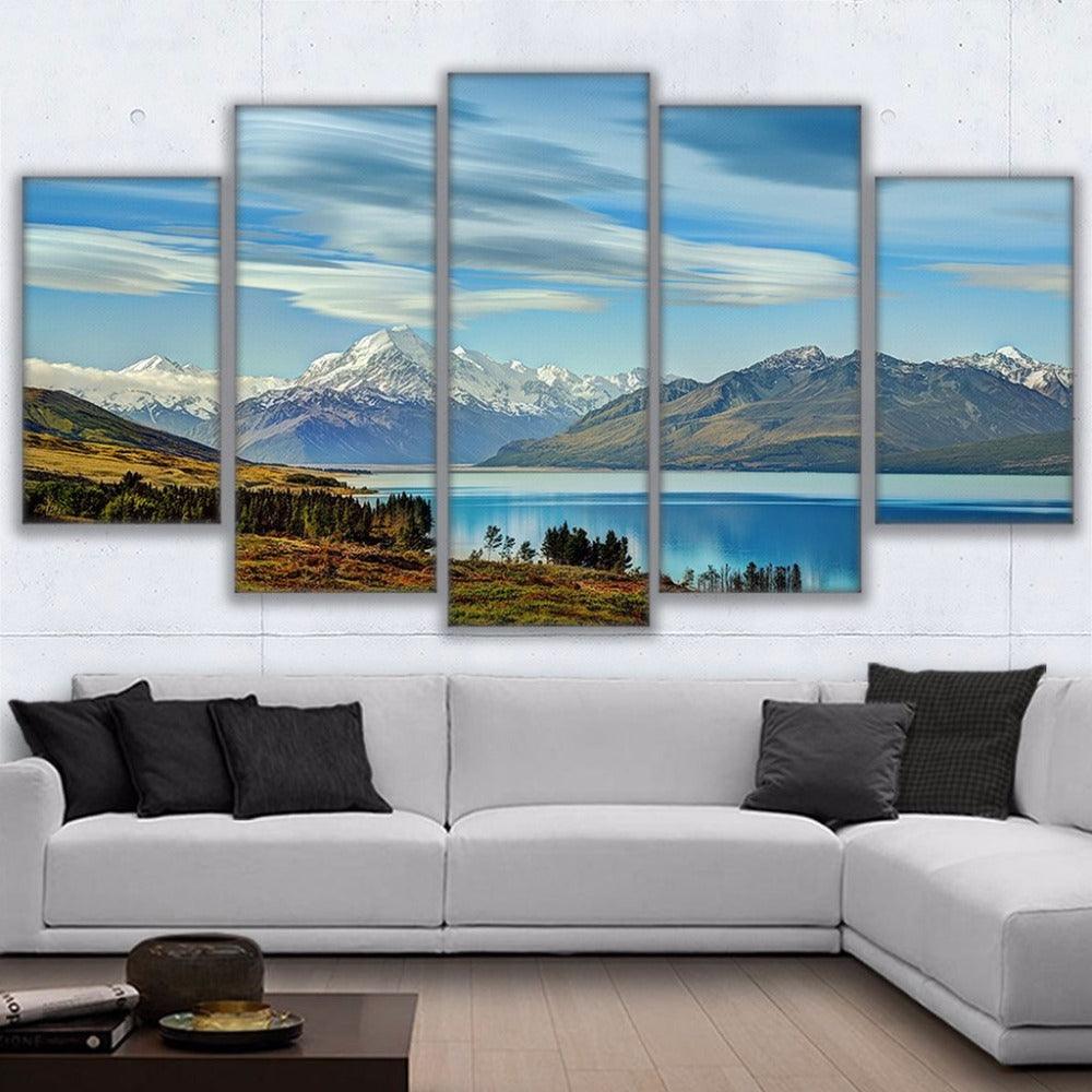 Lake Pukaki New Zealand Snow Capped Mountains 5 Panel Canvas Print Wall Art - GotItHere.com
