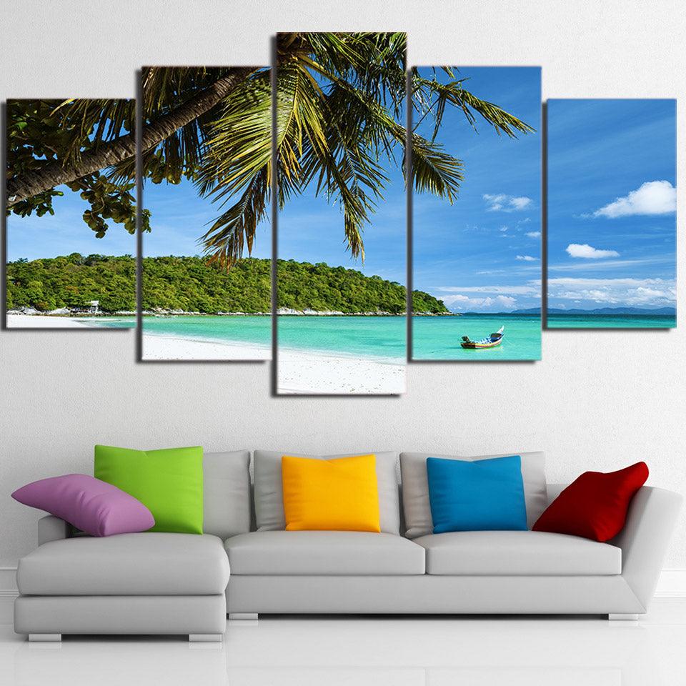 Palm Tree On Tropical Beach 5 Panel Canvas Print Wall Art - GotItHere.com
