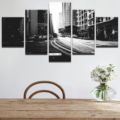 Black And White City Streetscape Streetcar 5 Panel Canvas Print Wall Art - GotItHere.com