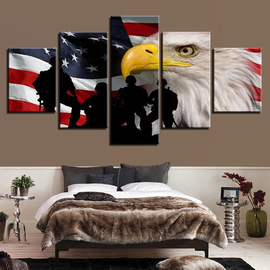 American Flag With Bald Eagle And Soldiers 5 Panel Canvas Print Wall Art - GotItHere.com