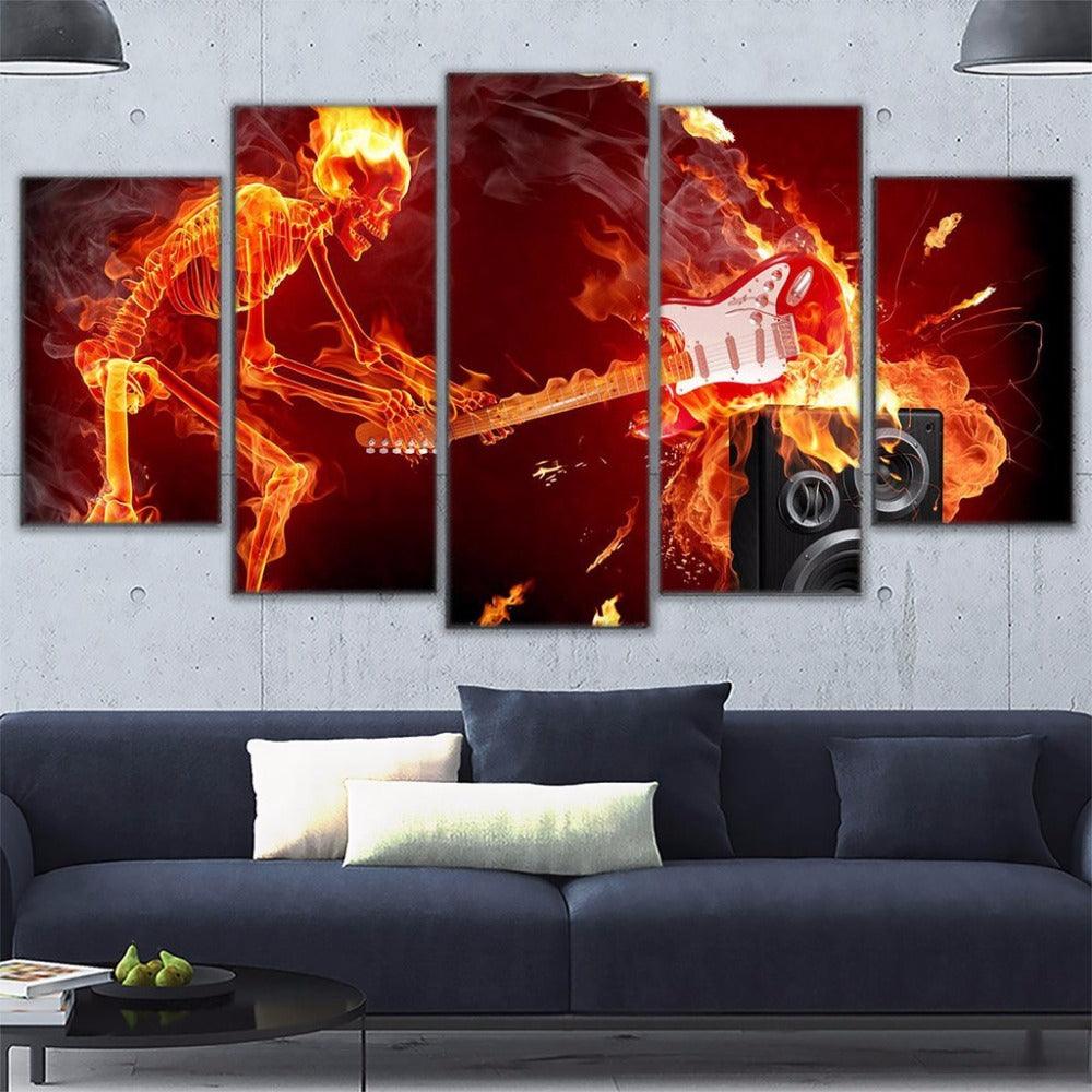 Flaming Skeleton Smashing Guitar 5 Panel Canvas Print Wall Art - GotItHere.com