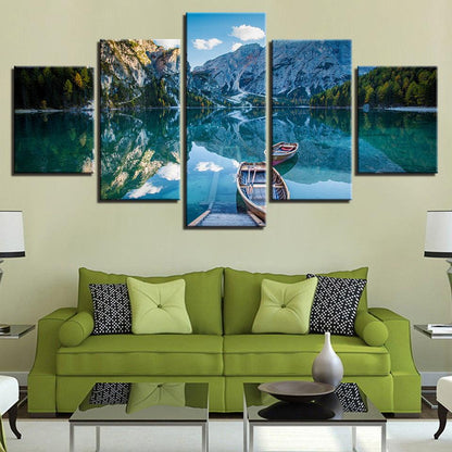 Canoes On Mountain Lake 5 Panel Canvas Print Wall Art - GotItHere.com