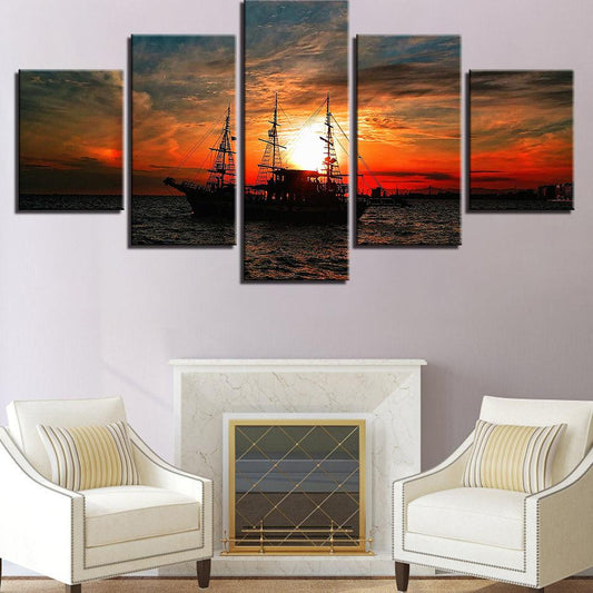 Tall Ship Sailboat At Sunset 5 Panel Canvas Print Wall Art - GotItHere.com