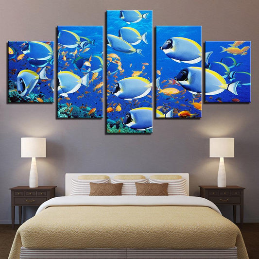 Powder Blue Tangs Fish On Tropical Reef 5 Panel Canvas Print Wall Art - GotItHere.com