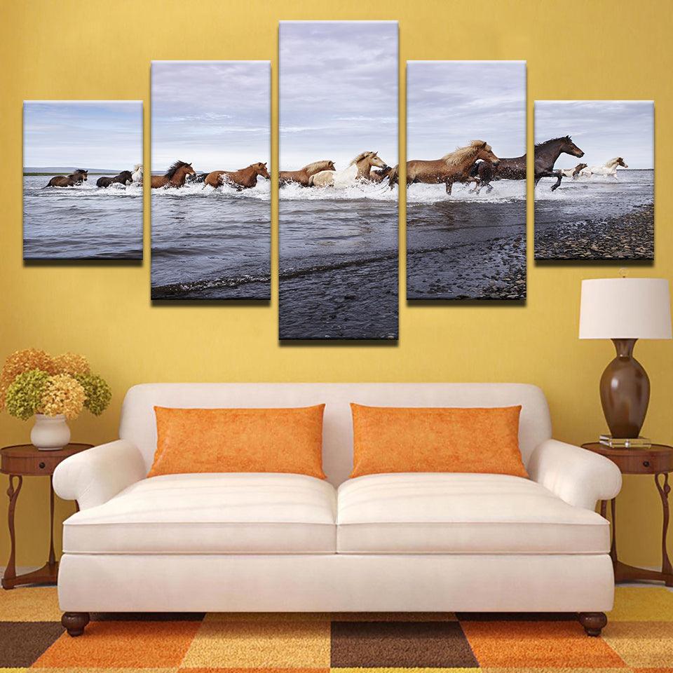 Horses Running In The Sea 5 Panel Canvas Print Wall Art - GotItHere.com