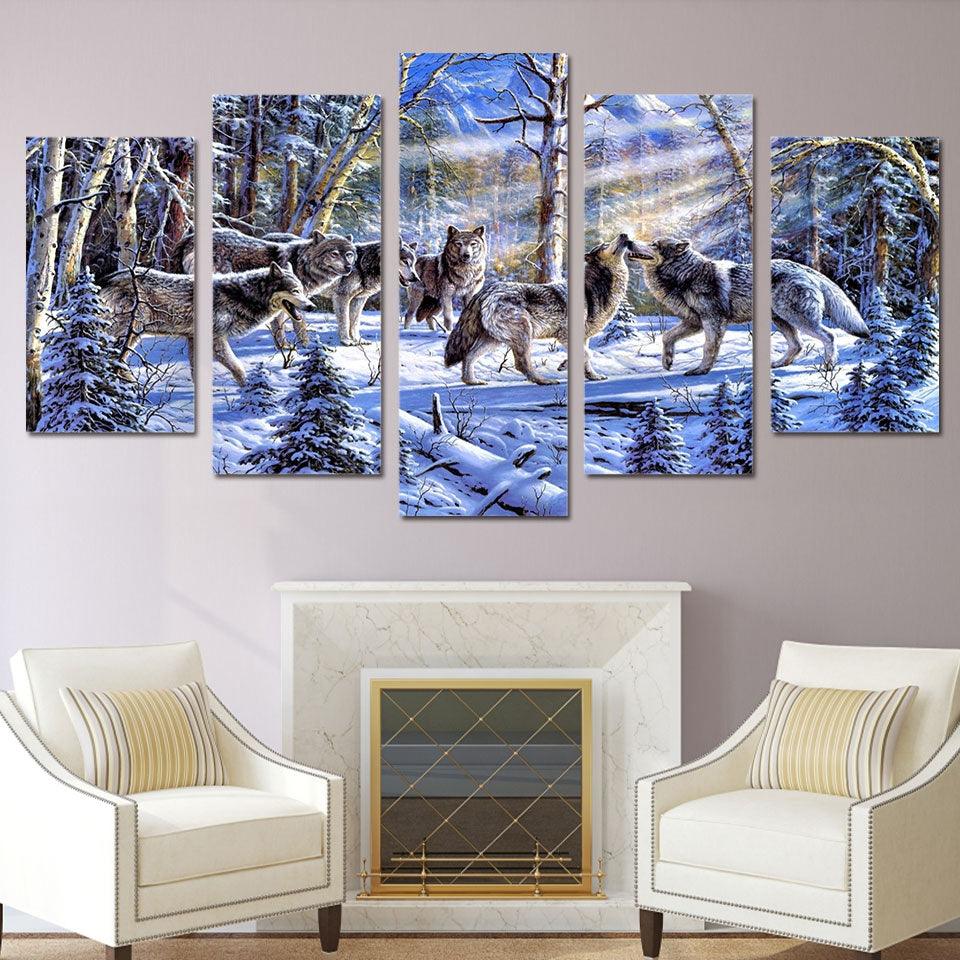 .Wolves In A Snowy Forest 5 Panel Canvas Print Wall Art - GotItHere.com