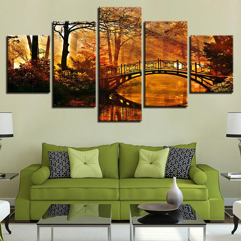 Bridge In The Forest 5 Panel Canvas Print Wall Art - GotItHere.com