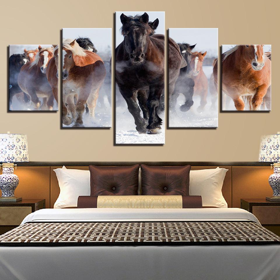 Galloping Horses In The Snow 5 Panel Canvas Print Wall Art - GotItHere.com