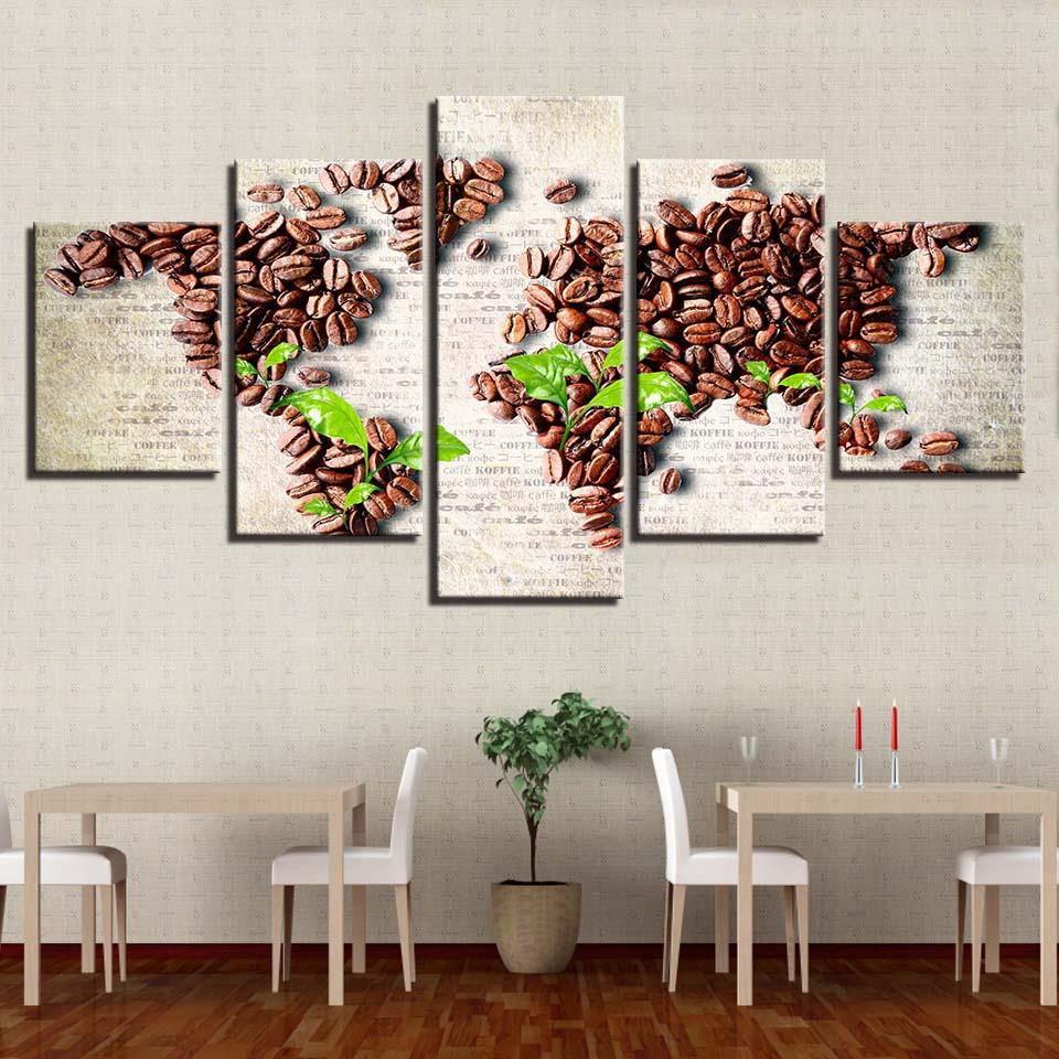 World Map In Coffee Beans And Leaves 5 Panel Canvas Print Wall Art - GotItHere.com