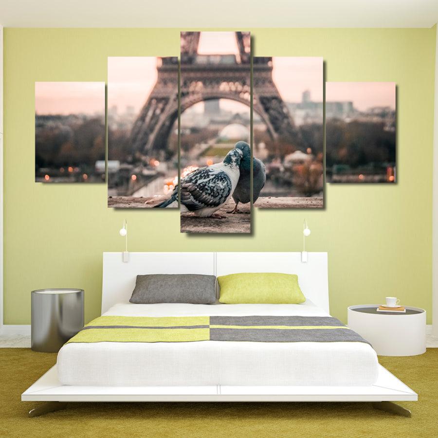 Doves In Love Eiffel Tower Paris France 5 Panel Canvas Print Wall Art - GotItHere.com