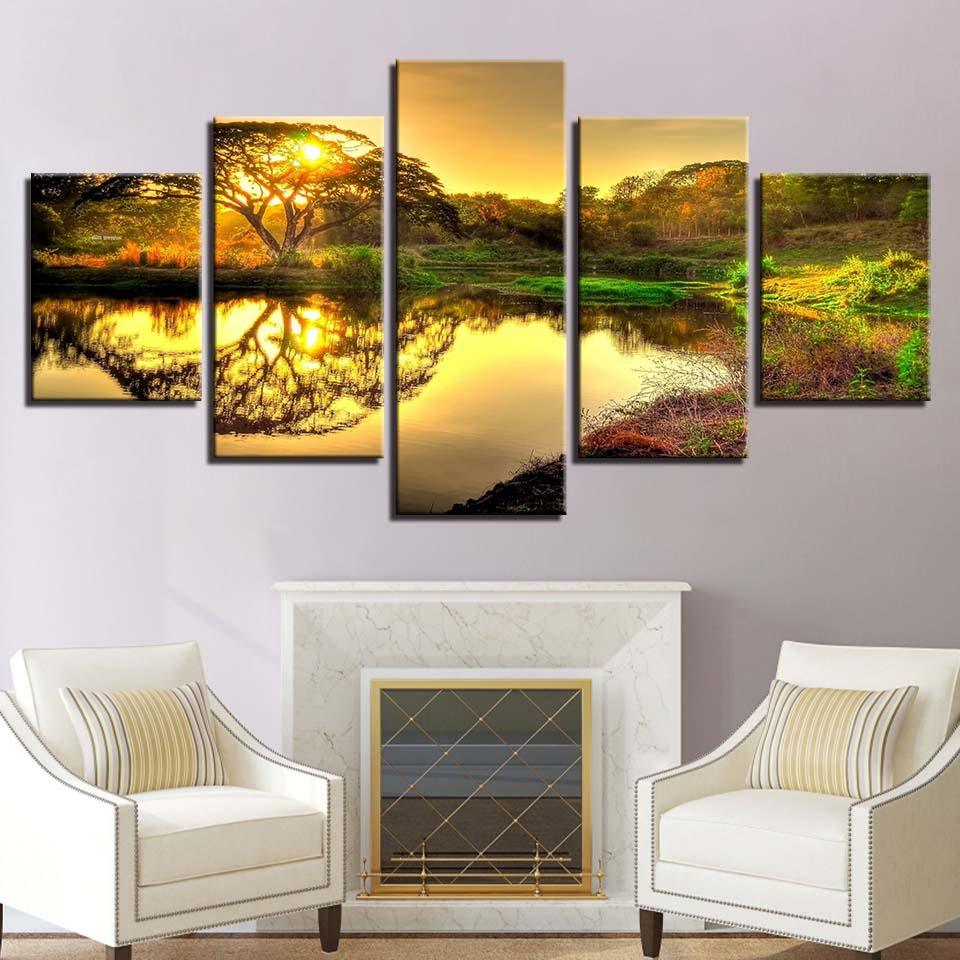 Sunrise Over Watering Hole Africa 5 Panel Canvas Print Wall Art - GotItHere.com