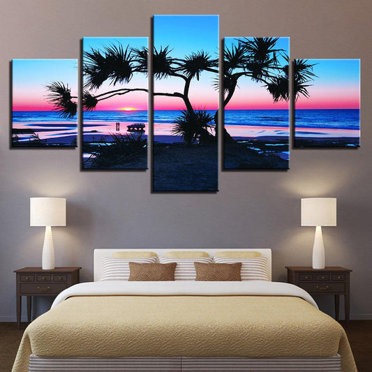 Fan Palm On The Beach Colorful Rainbow Sunset 5 Panel Canvas Print Wall Art - GotItHere.com