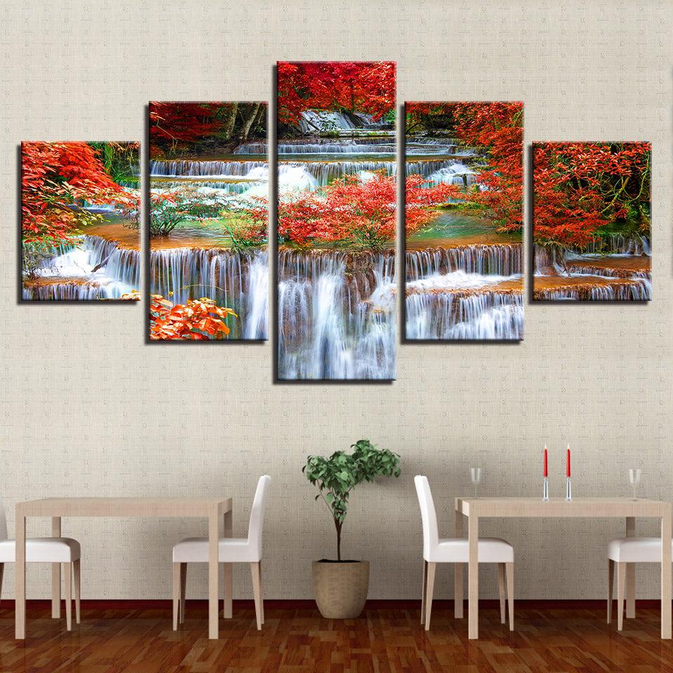 Forest Waterfall In Autumn 5 Panel Canvas Print Wall Art - GotItHere.com