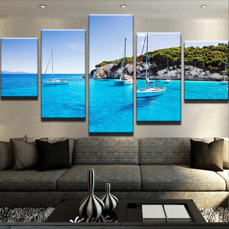 Sailboats In A Beautiful Tropical Cove 5 Panel Canvas Print Wall Art - GotItHere.com