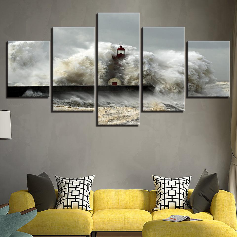 Lighthouse In A Storm Giant Wave 5 Panel Canvas Print Wall Art - GotItHere.com