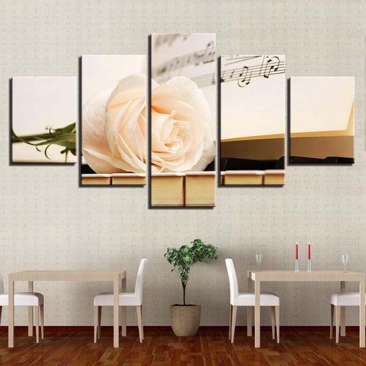 White Rose On Piano 5 Panel Canvas Print Wall Art - GotItHere.com