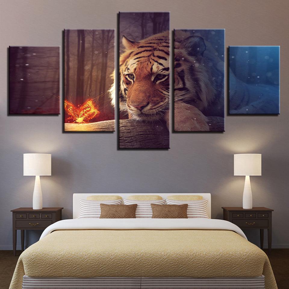 Tiger And Magic Butterfly 5 Panel Canvas Print Wall Art - GotItHere.com