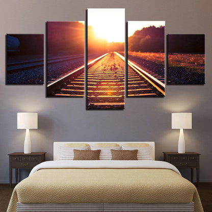 Train Tracks Sunset 5 Panel Canvas Print Wall Art - GotItHere.com