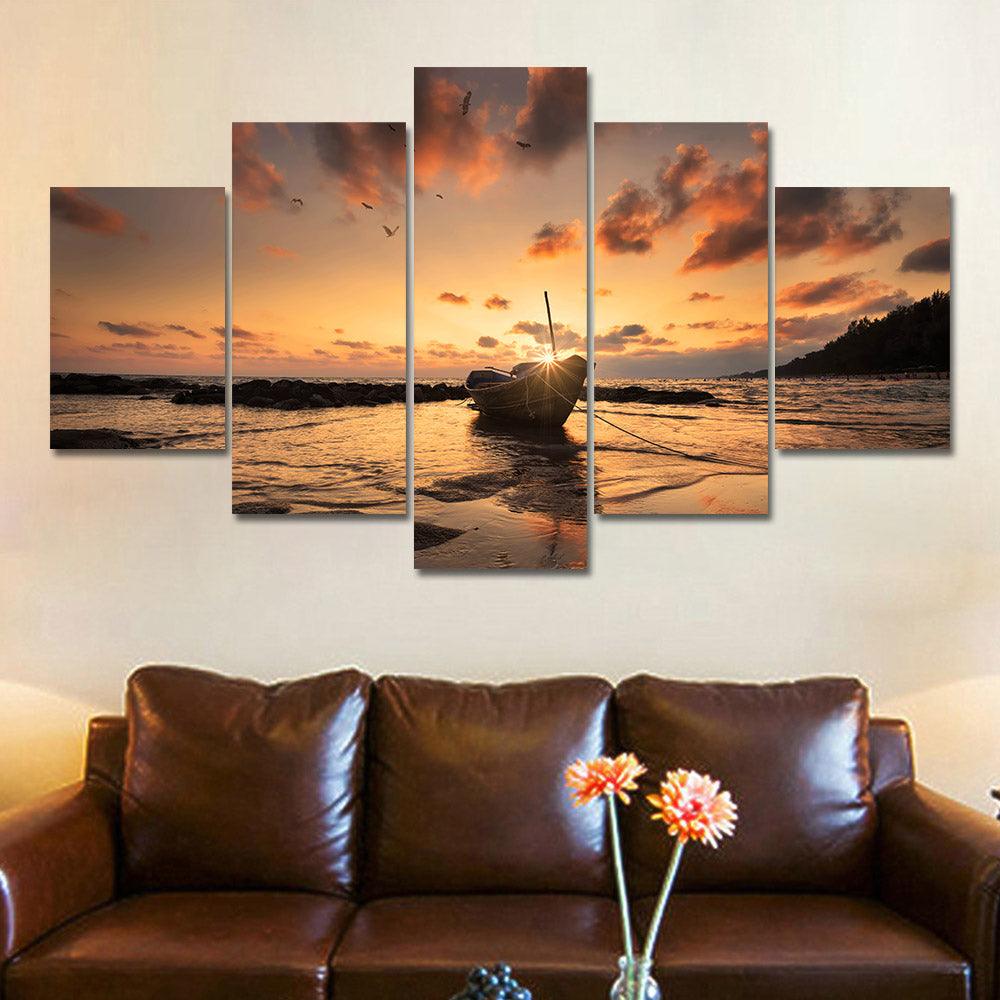 Boat On The Beach At Sunset 5 Panel Canvas Print Wall Art - GotItHere.com