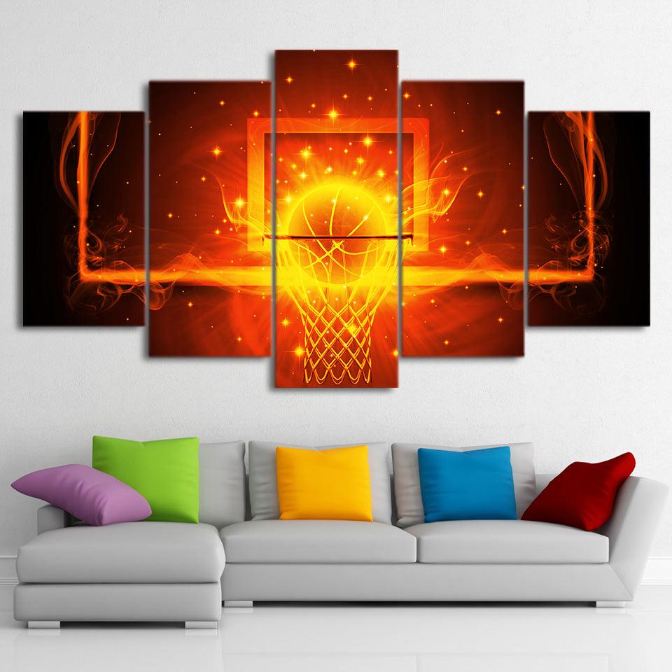 Basketball Hoop 5 Panel Canvas Print Wall Art Fire Flames - GotItHere.com