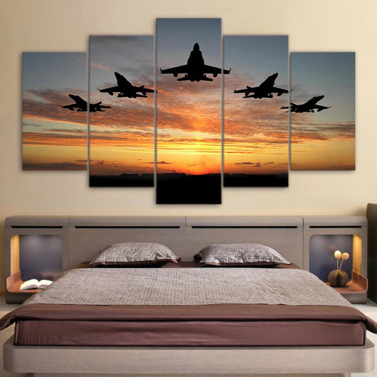 F-18 Formation At Sunset 5 Panel Canvas Print Wall Art - GotItHere.com