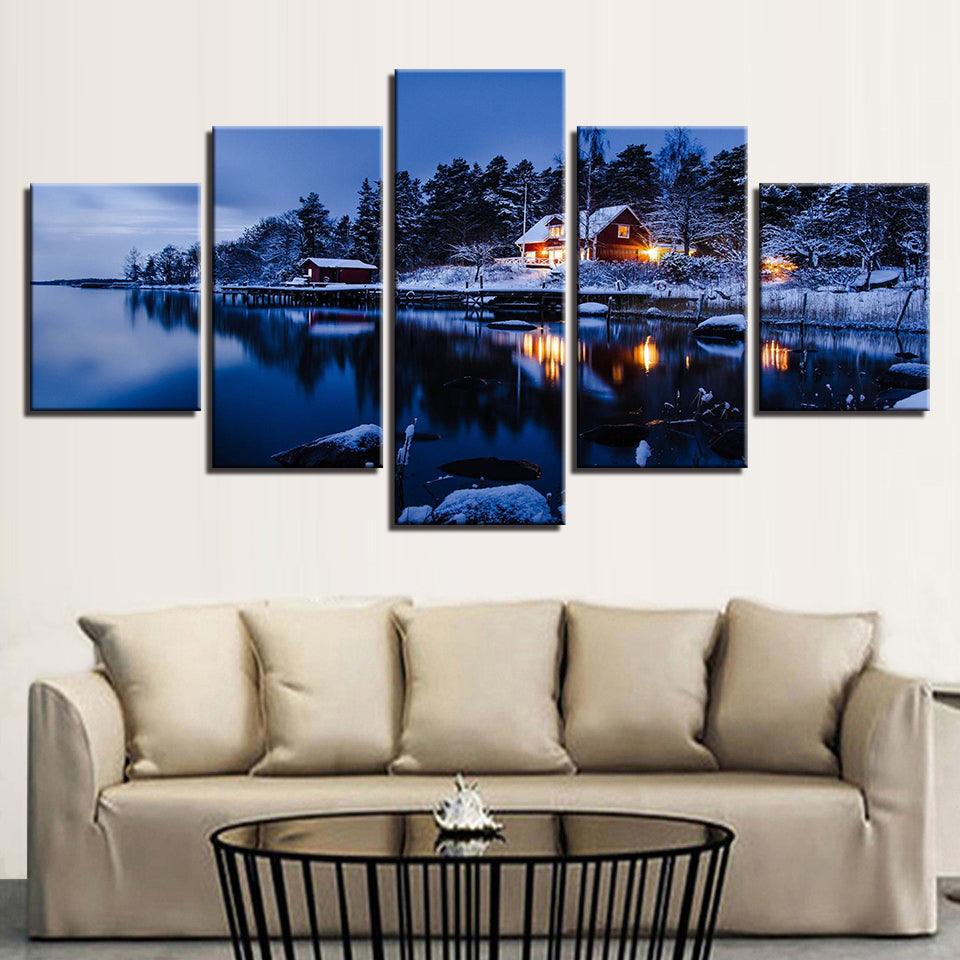 Snowy Cabin On A Lake 5 Panel Canvas Print Wall Art - GotItHere.com