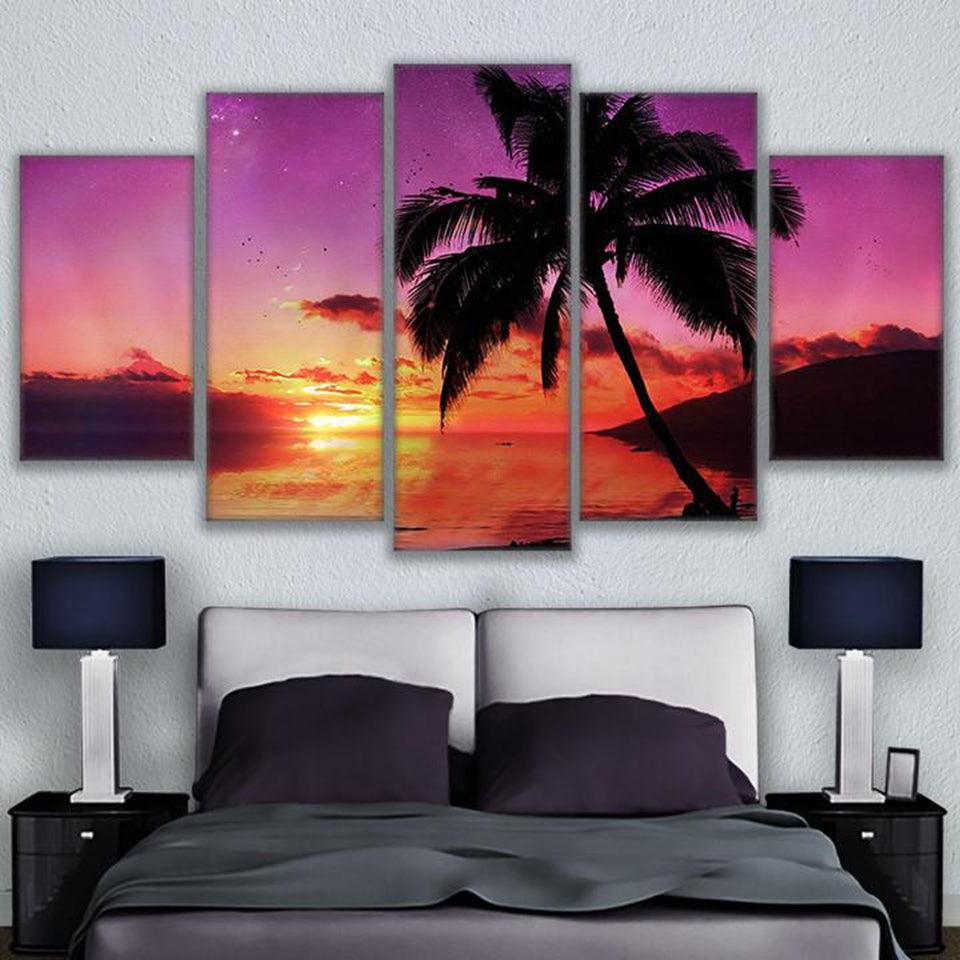 Sunset Palm Tree On The Beach 5 Panel Canvas Print Wall Art - GotItHere.com