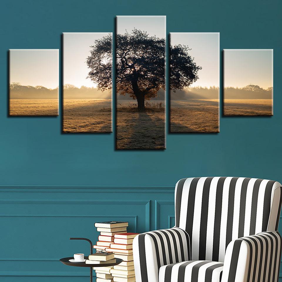 Sunrise Tree In A Pasture 5 Panel Canvas Print Wall Art - GotItHere.com