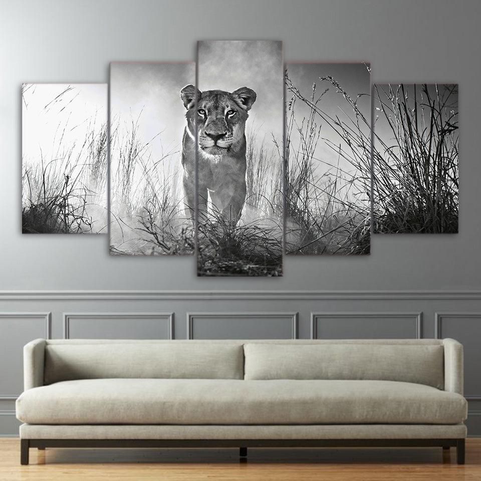 Lioness In Black And White 5 Panel Canvas Print Wall Art - GotItHere.com