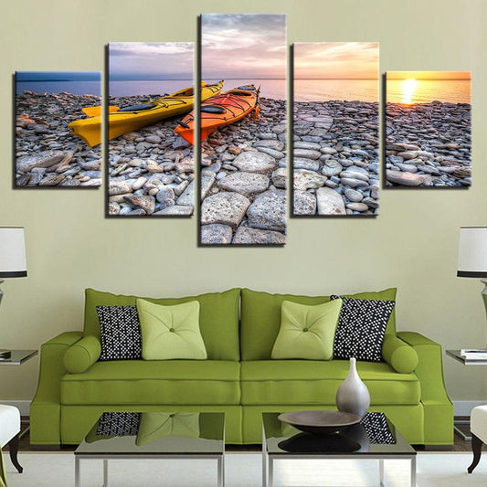 Kayaks At Sunset 5 Panel Canvas Print Wall Art - GotItHere.com