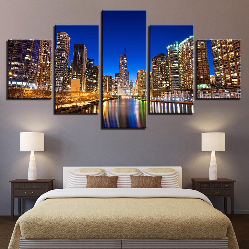 Chicago River At Night 5 Panel Canvas Print Wall Art - GotItHere.com