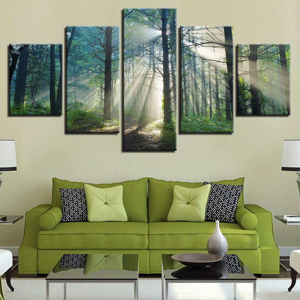 Sunlight Through The Mist In The Forest 5 Panel Canvas Print Wall Art - GotItHere.com