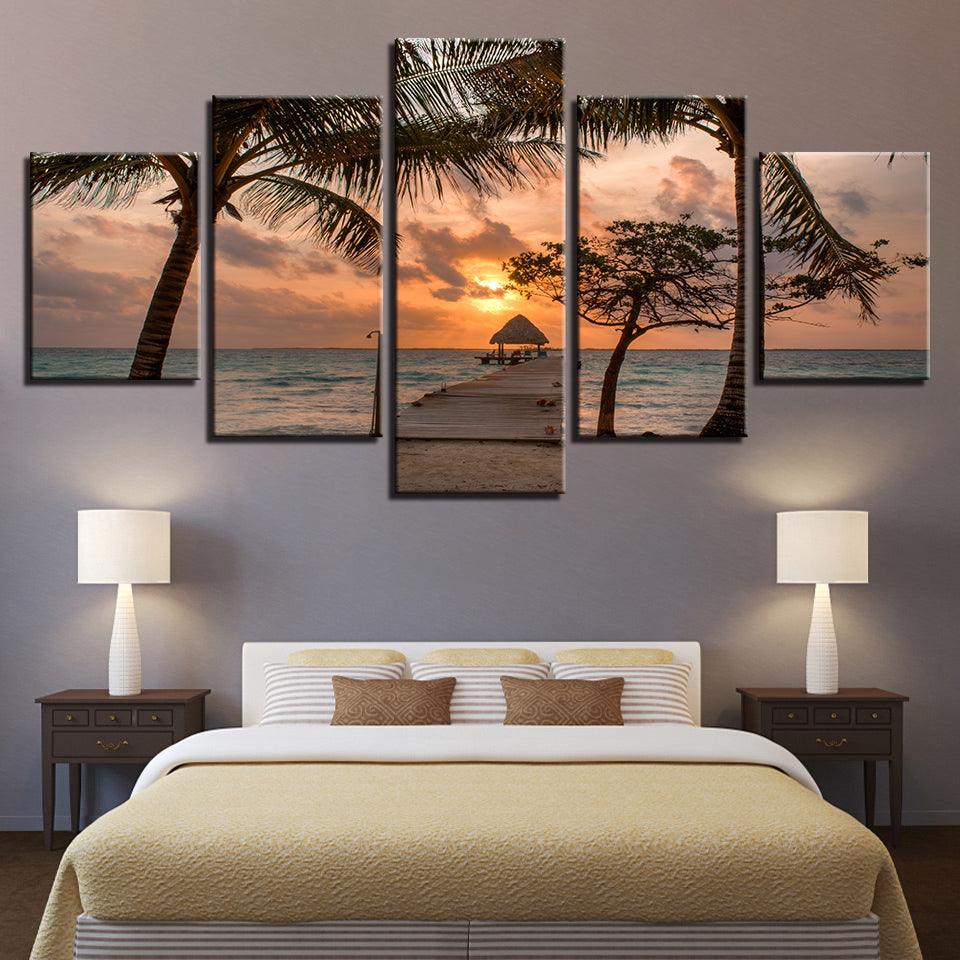 Pier On Tropical Beach At Sunset 5 Panel Canvas Print Wall Art - GotItHere.com