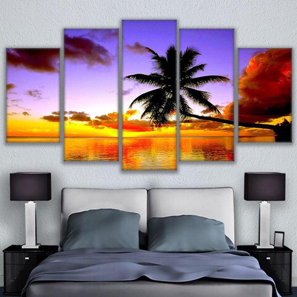 Beach Palm Tree Over The Water 5 Panel Canvas Print Wall Art - GotItHere.com