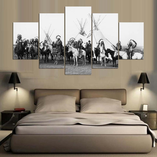Native American Indian Warriors Teepees 5 Panel Canvas Print Wall Art - GotItHere.com