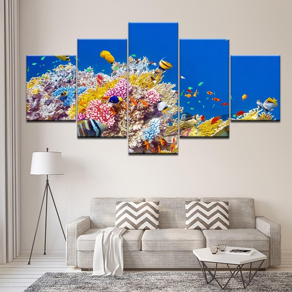 Tropical Fish On Reef 5 Panel Canvas Print Wall Art - GotItHere.com
