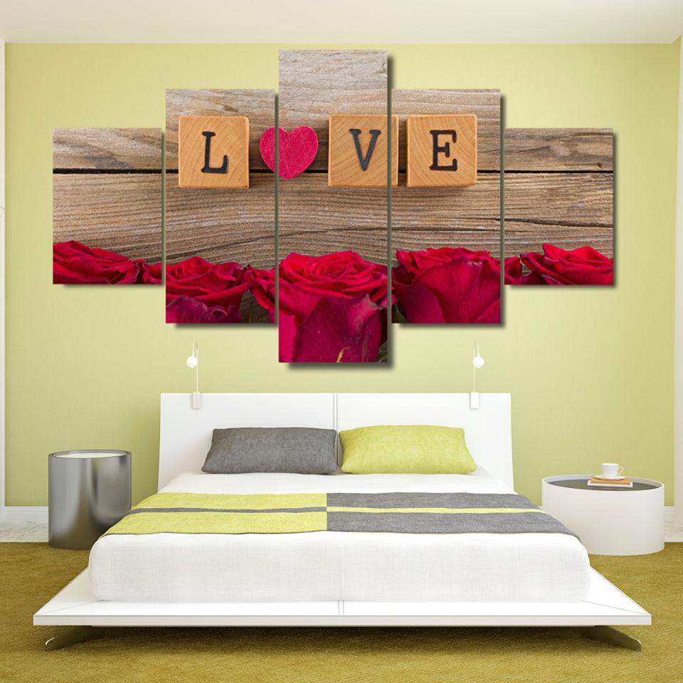 Love Scrabble Tiles With Roses Valentine's 5 Panel Canvas Print Wall Art - GotItHere.com